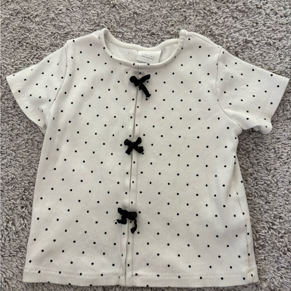 Zara White Short Sleeve Top with Black Polka Dots and Bow Accents